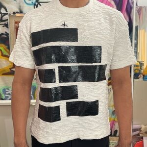 Kenzo Paris Sz XL White Knit Tee Shirt With Censored Text Bars Graphic EUC